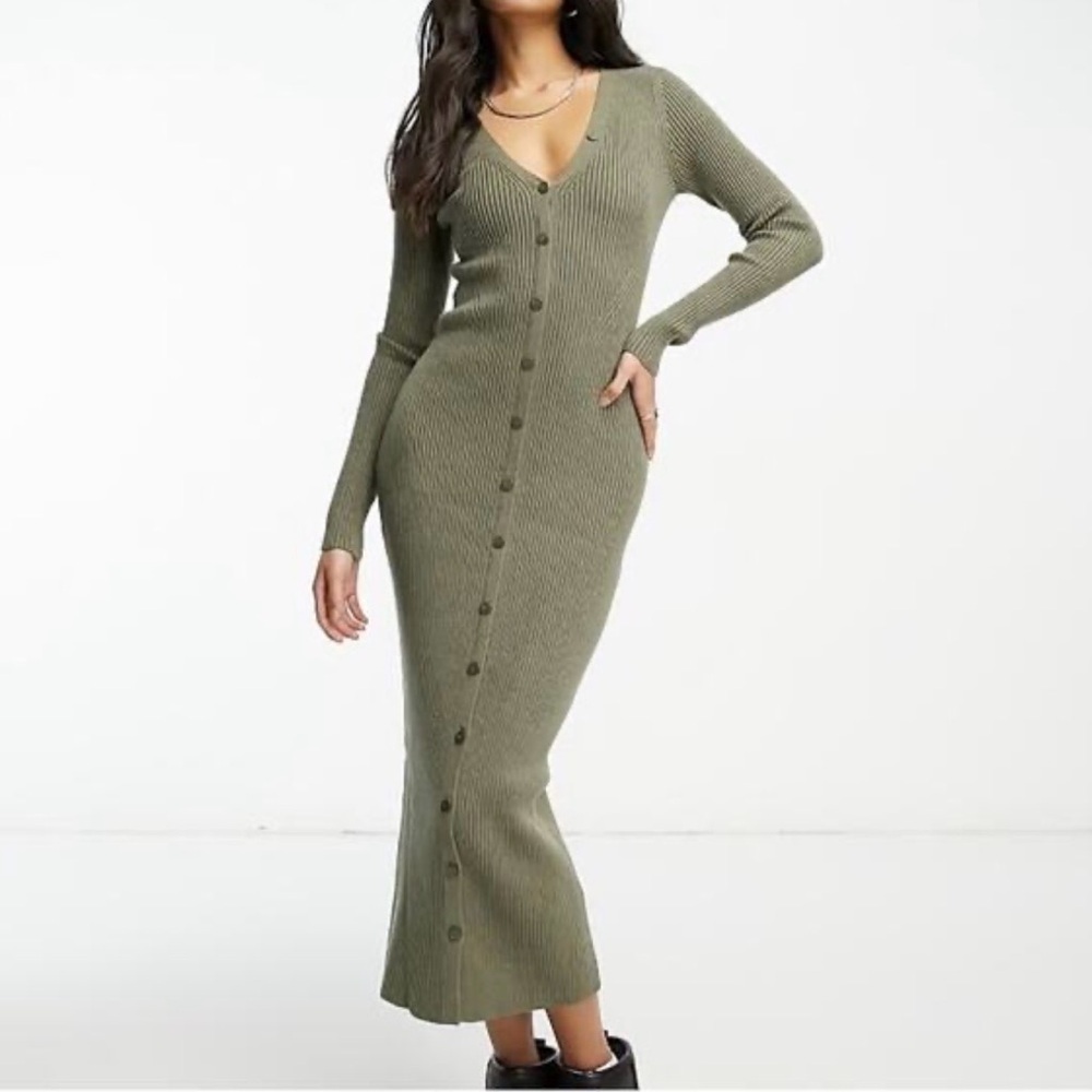 Abercrombie & Fitch Olive Green Ribbed Button-Front Maxi Dress